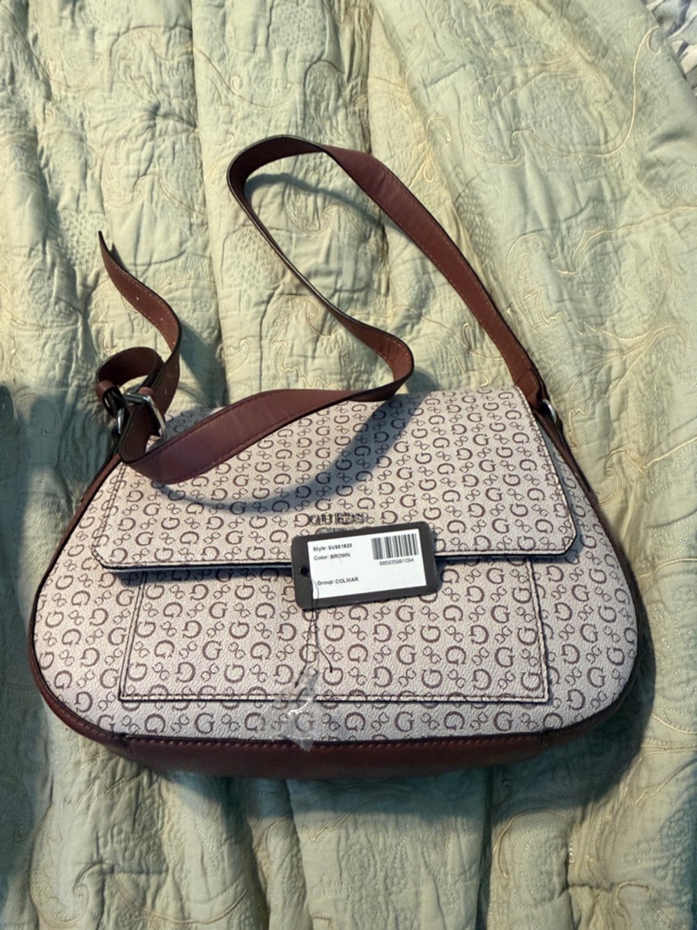 Guess Beige Monogram Crossbody with Dark Brown Trim